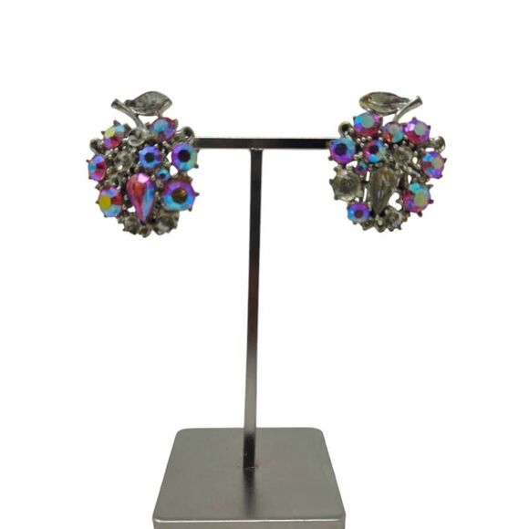 Aurora Borealis Apple Shaped Clip-On Earrings by Lisner | Vintage Pink Rhineston - Picture 1 of 6